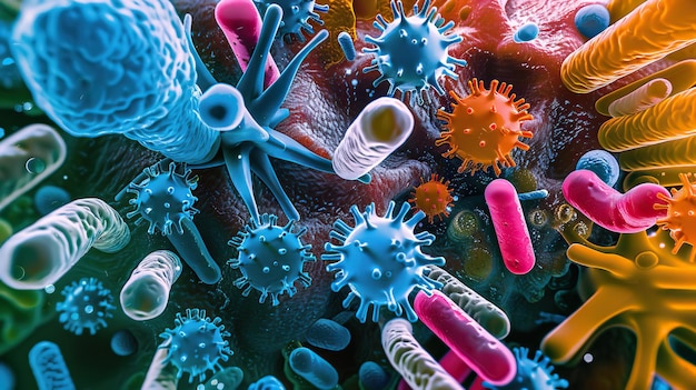 Colorful microscopic view of various bacteria and viruses showcasing vibrant detailed shapes and structures in a scientific illustration