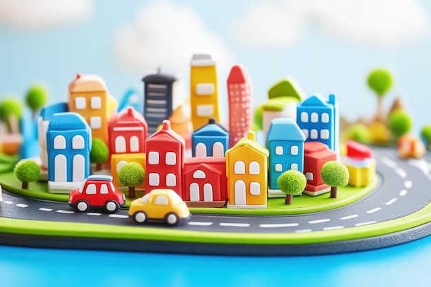 Photo colorful miniaturized cityscape with winding roads toy cars