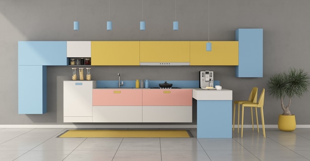 Colorful minimalist kitchen with peninsula and stools - 3d rendering