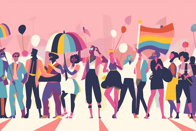 Colorful minimalistic parade illustration Diverse group marches with flags balloons People