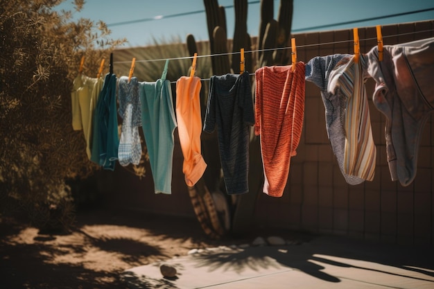 A colorful mix of socks shirts and shorts drying in the sun created with generative ai