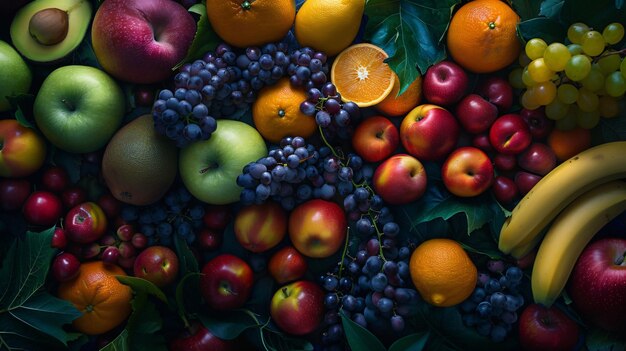 Photo colorful mix of tropical fruits such as oranges and grapes with apples bananas pineapples lemons