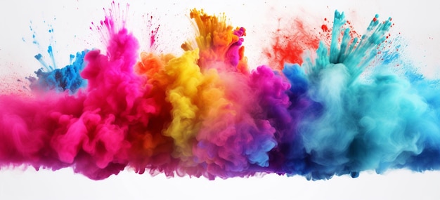 colorful mixed rainbow powder explosion isolated on white background