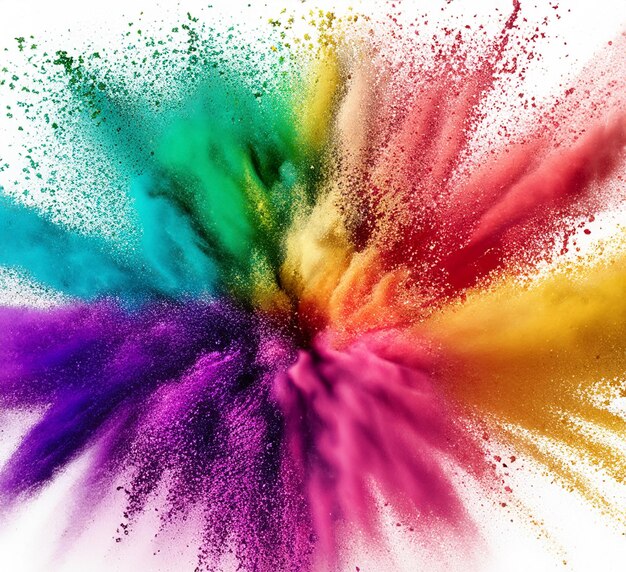 Colorful mixed rainbow powder explosion isolated on white background