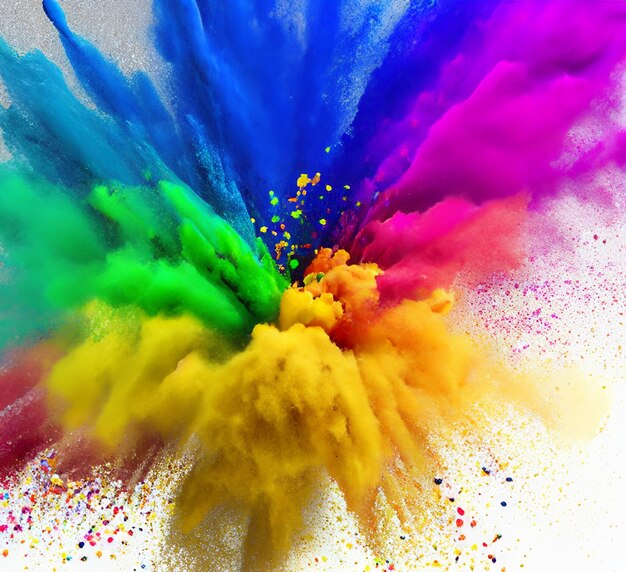 Colorful mixed rainbow powder explosion isolated on white background