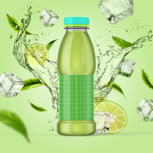 Colorful mock-up of bottles on simple fruits and ice splashing backround. Plastic bottle for juice or ice tea with lime and mint