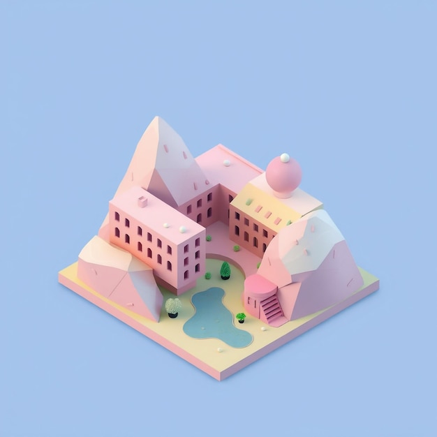 a colorful model of a building with a pink roof and a pink and white building on the top