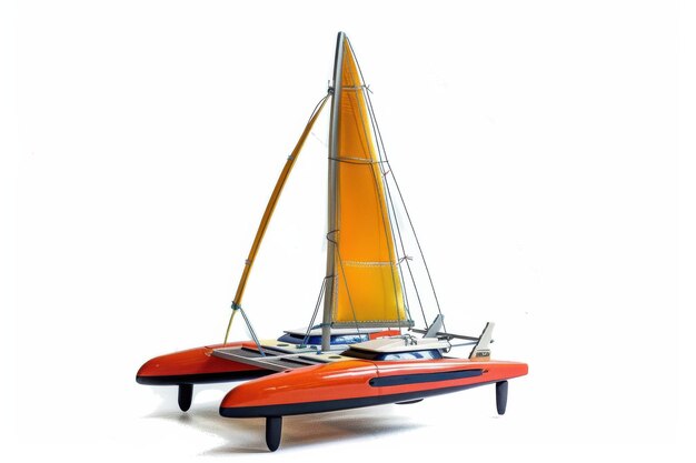 Photo colorful model catamaran sailing on a sunny day with vibrant orange sails and sleek design