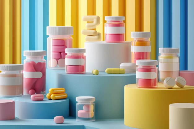 Photo colorful modern display of supplement bottles against geometric background for healthcare and wellness