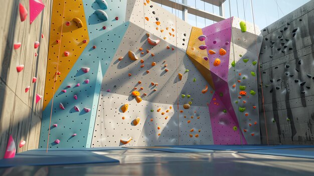 A colorful and modern indoor rock climbing gym with various climbing routes and bouldering walls