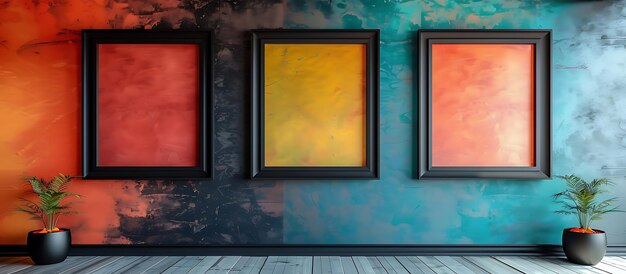 Colorful modern office wall adorned with three black frames each showcasing a unique perspective