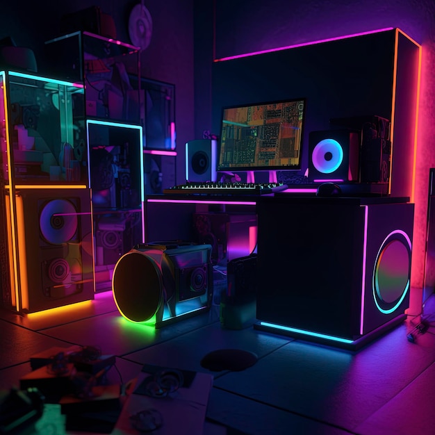 Colorful modern pc cyberpunk interior set up with lighting in a dark mood