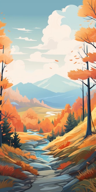 Colorful Modern Woodland Illustration Of Forest And Dunes Art Style