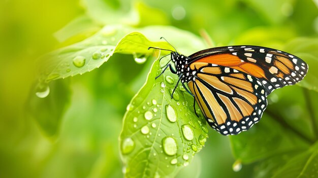 colorful monarch butterfly on green leaf with water drops