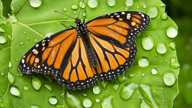 colorful monarch butterfly on green leaf with water drops