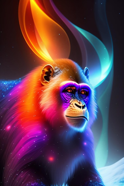 A colorful monkey with a rainbow background