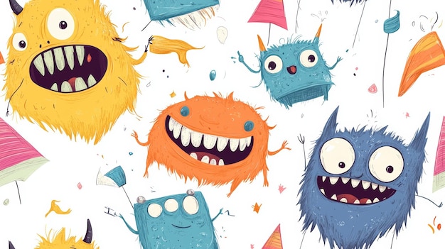 Colorful Monster Doodles Seamless Pattern Fun and Whimsical Cartoon Creatures for Kids Designs Fabrics and Wallpapers