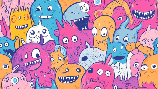 Colorful Monster Doodles Seamless Pattern Fun and Whimsical Cartoon Creatures for Kids Designs Textiles and Wallpapers