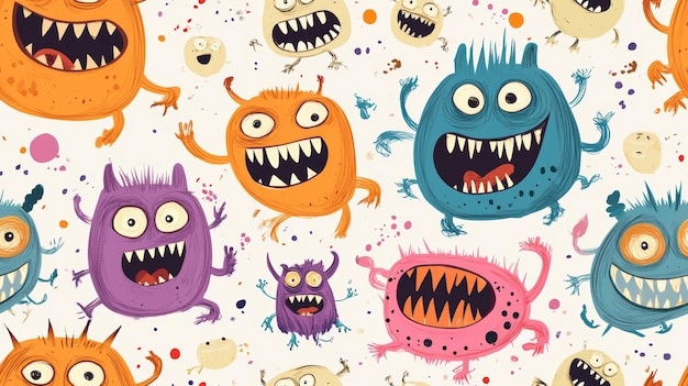 Colorful Monster Doodles Seamless Pattern Fun and Whimsical Cartoon Creatures for Kids Designs Textiles and Wallpapers