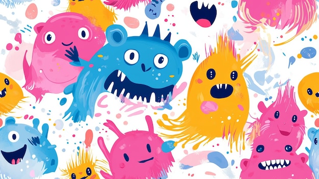 Colorful Monster Doodles Seamless Pattern Fun and Whimsical Cartoon Creatures in Vibrant Colors for Kids Designs and Creative Projects