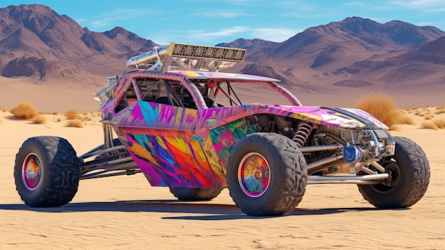 A colorful monster truck in the desert with mountains in the background.