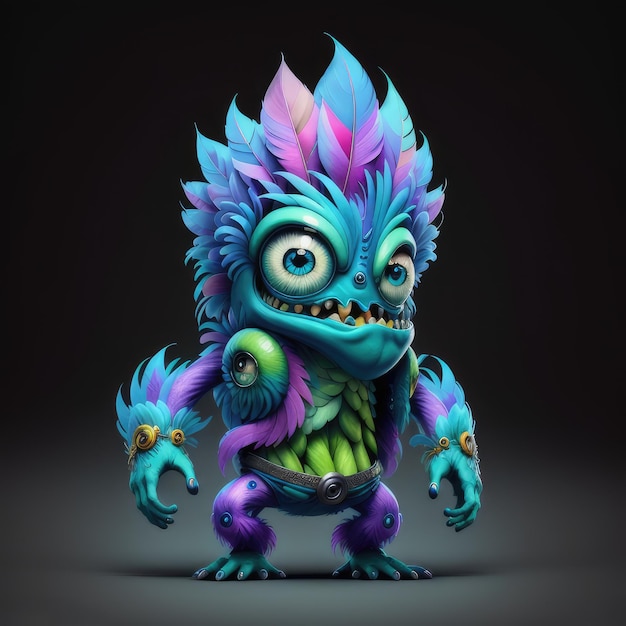 A colorful monster with a green head and blue eyes is in front of a dark background.