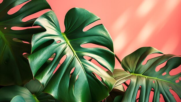 Colorful monstera leaves on pink background