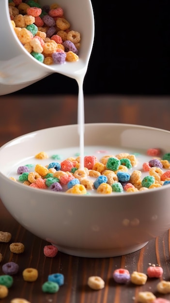 Colorful Morning Delight MilkPoured Cereal Bowl Brimming with Vibrant Flavors and Wholesome Goodness