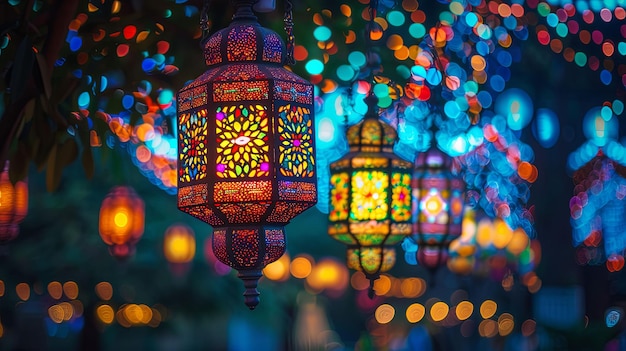 Colorful Moroccan Lanterns with Bokeh Lights