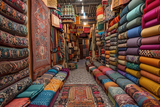 Photo colorful moroccan rugs hanging and rolled up in a market