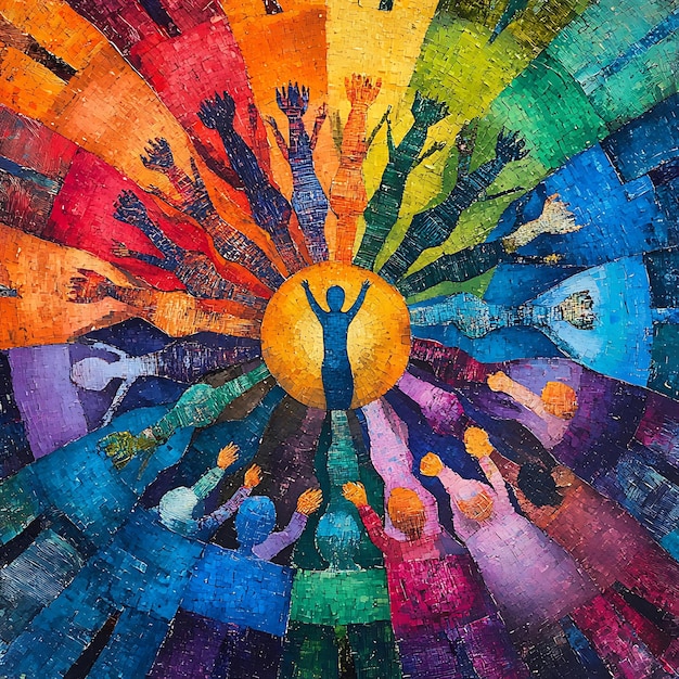 Colorful Mosaic Artwork of People Reaching Upwards Towards a Central Figure