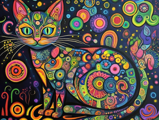 Photo colorful mosaic cat art in psychedelic abstract style with vivid patterns