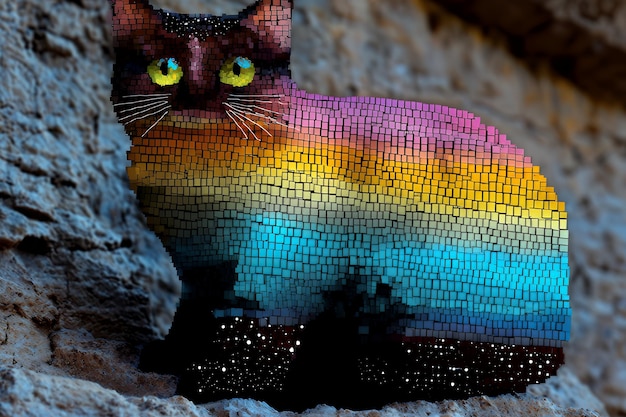 Photo colorful mosaic cat on a stone wall