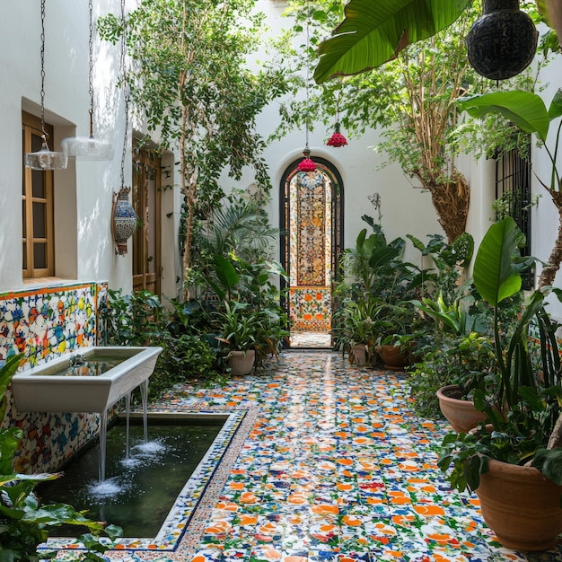 Photo colorful mosaic courtyard with water fountain and lush greenery