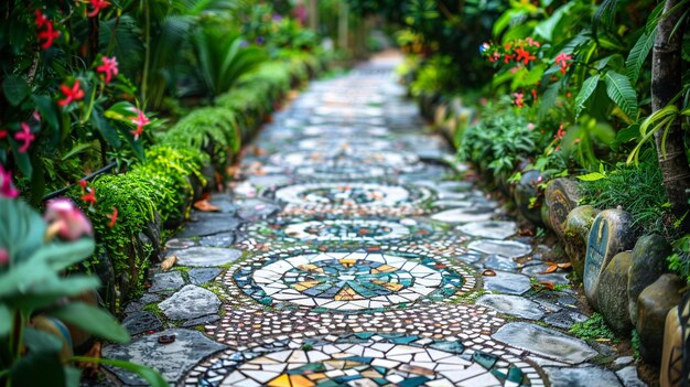 Photo colorful mosaic garden pathway nature landscape photo