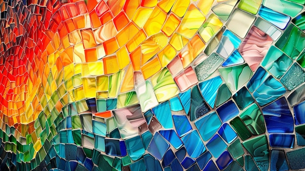 a colorful mosaic of glass is shown with a rainbow colored background