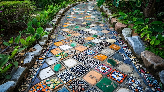 Photo colorful mosaic path in charming garden scene