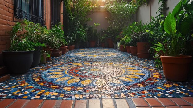 Photo colorful mosaic patio with plants