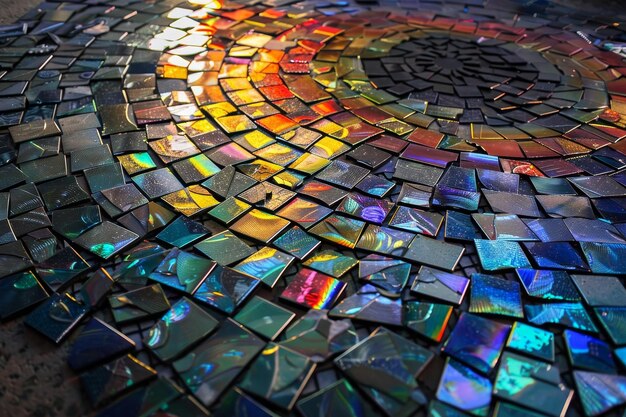 A colorful mosaic pattern created from recycled CD pieces Turning old CDs into a mosaic design