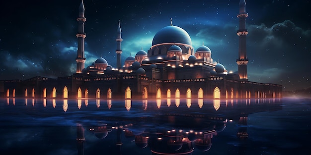 a colorful mosque at night with lights and neon Generative Ai