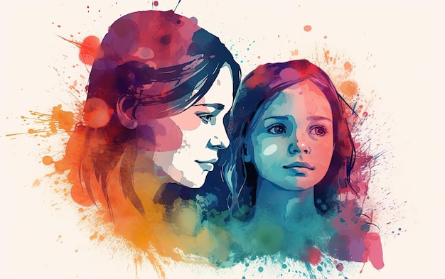 The colorful Mother's Day illustration of a child embracing their mother