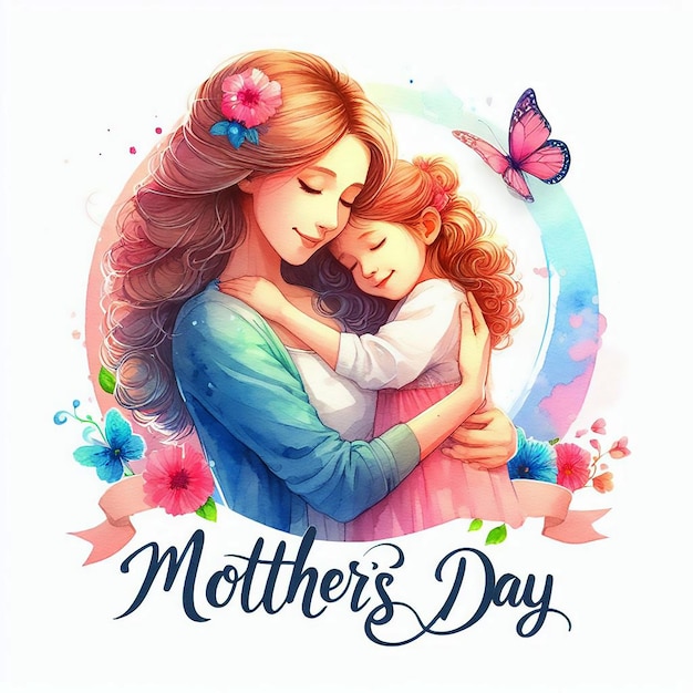 Colorful mothers day illustration of Mother and daughter hugging in watercolor painting style