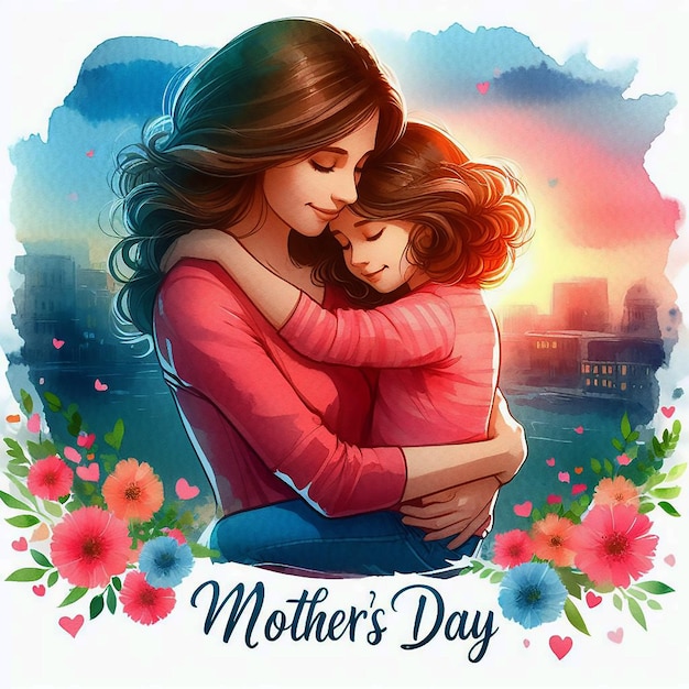 Colorful mothers day illustration of Mother and daughter hugging in watercolor painting style