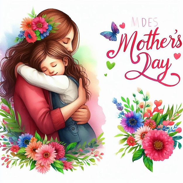 Colorful mothers day illustration of Mother and daughter hugging in watercolor painting style