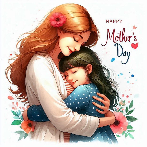 Colorful mothers day illustration of Mother and daughter hugging in watercolor painting style