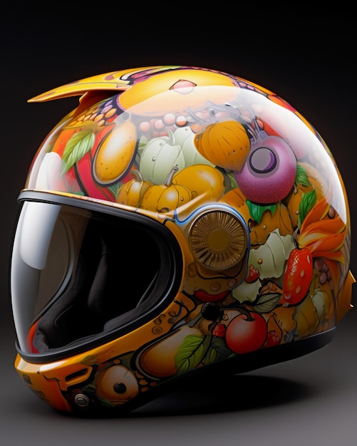 A colorful motorcycle helmet with fruits on it.