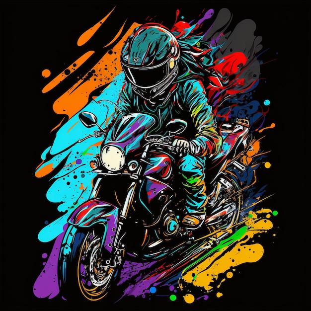 A colorful motorcycle with a rider on the front.