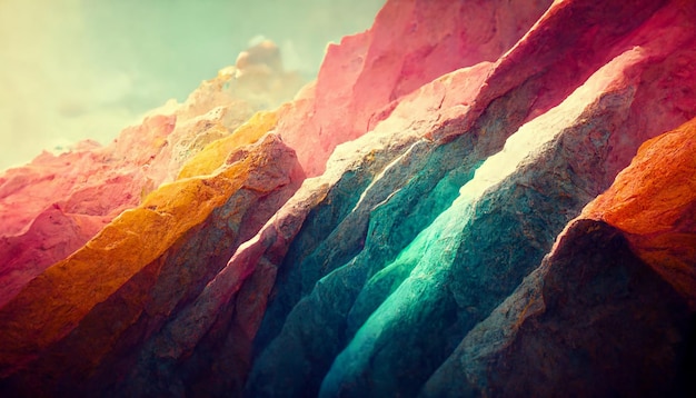 A colorful mountain of colors with a blue background