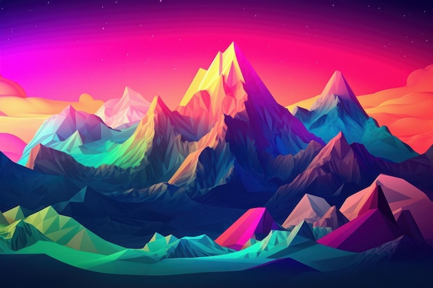 A colorful mountain landscape with a pink and blue background.