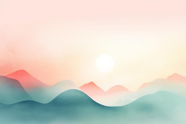 A colorful mountain landscape with a pink sky and a sunset in the background.